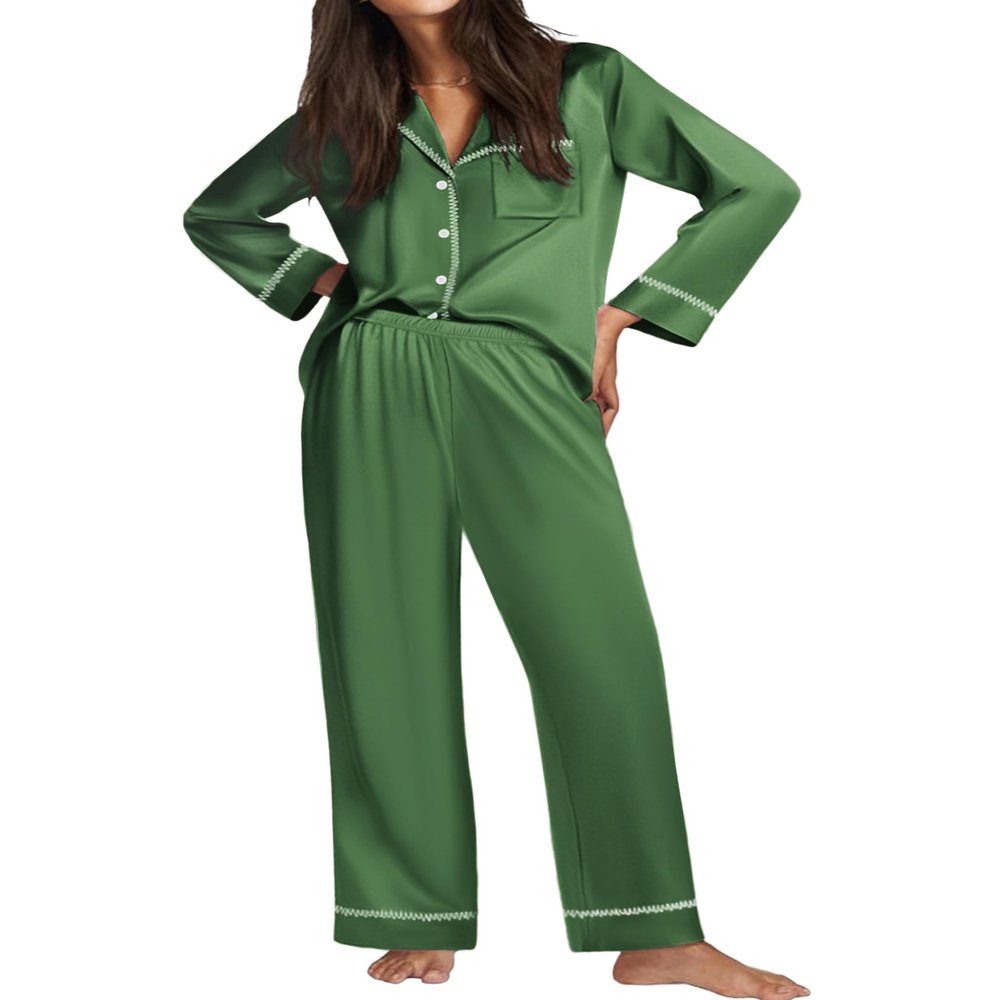 Ekouaer Satin Pajama Set for Women Silky Sleepwear Long Sleeve Top and Pants Button Down Pjs Lounge Set Bright Green