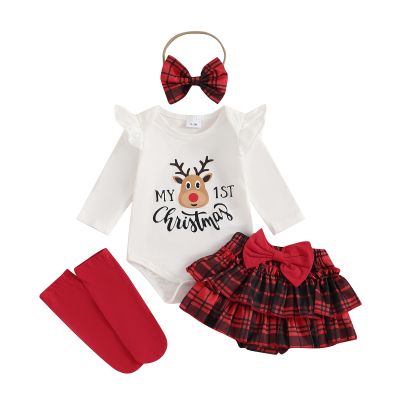 Baby Girl Christmas Outfits Santa Baby Romper Plaid Ruffle Shorts Set Headband Socks 4Pcs Newborn Xmas Clothes (White, 12-18 Months)
