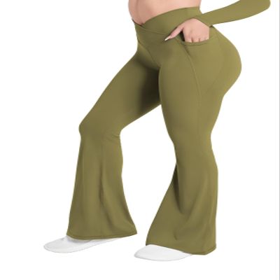 Sunzel Flare Leggings for Women with Pockets, Crossover Yoga Pants with Tummy Control, High Waisted and Wide Leg Side Pockets 30" Olive Green X-Large