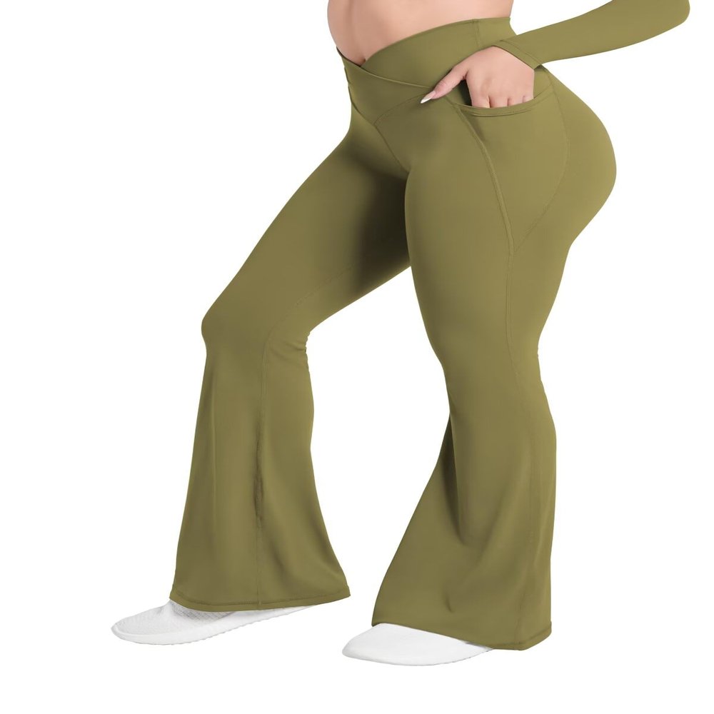 Sunzel Flare Leggings for Women with Pockets, Crossover Yoga Pants with Tummy Control, High Waisted and Wide Leg Side Pockets 30" Olive Green X-Large