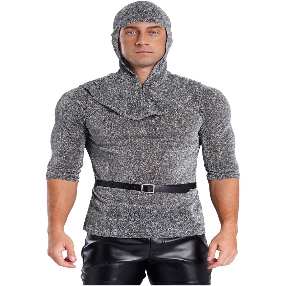 Agoky Men's 3PCS Medieval Chainmail Shirt Coif Armor Tunic Tops Knight Cowl Crusader Costume with Belt Gray X-Large
