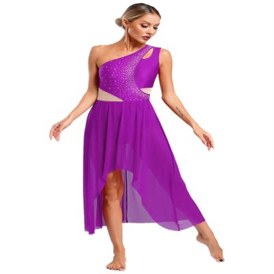 Winnrchan Womens Lyrical Dance Costume Flowy Mesh One Shoulder Dress Modern Contemporary Dance Costume Purple Small