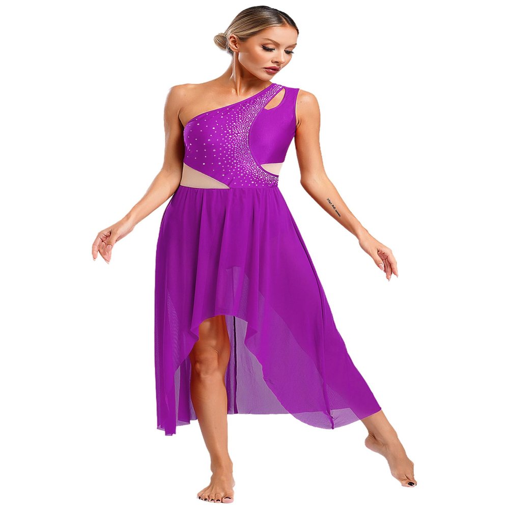 Winnrchan Womens Lyrical Dance Costume Flowy Mesh One Shoulder Dress Modern Contemporary Dance Costume Purple Small