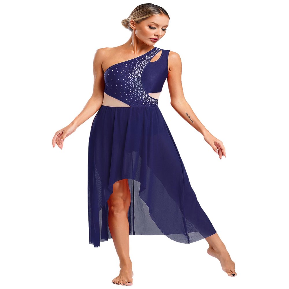 Winnrchan Womens Lyrical Dance Costume Flowy Mesh One Shoulder Dress Modern Contemporary Dance Costume NavyBlue XX-Large