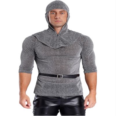 QinCiao Men's 3PCS Chain Mail Shirt Coif Medieval Knight Cowl Crusader Armor Copsplay Costume with Belt Gray X-Large