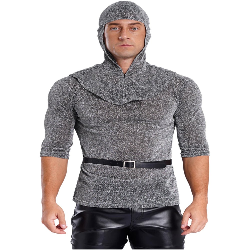 QinCiao Men's 3PCS Chain Mail Shirt Coif Medieval Knight Cowl Crusader Armor Copsplay Costume with Belt Gray X-Large