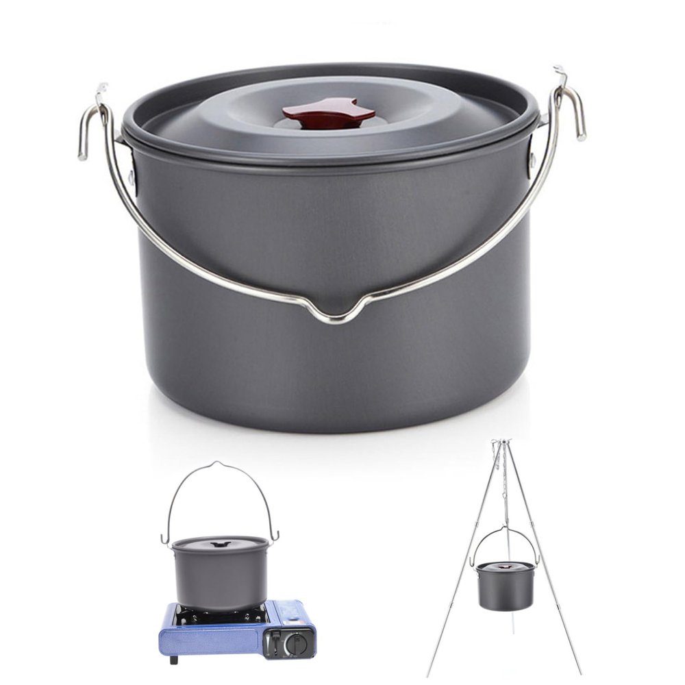 Camping Pot with Lid Outdoor Large Hanging Pot Picnic Camping Hot Pot Gray 4L Round Portable Lightweight Anti-rust Cookware Cooking Equipment for Self-driving Tour BBQ Picnic.