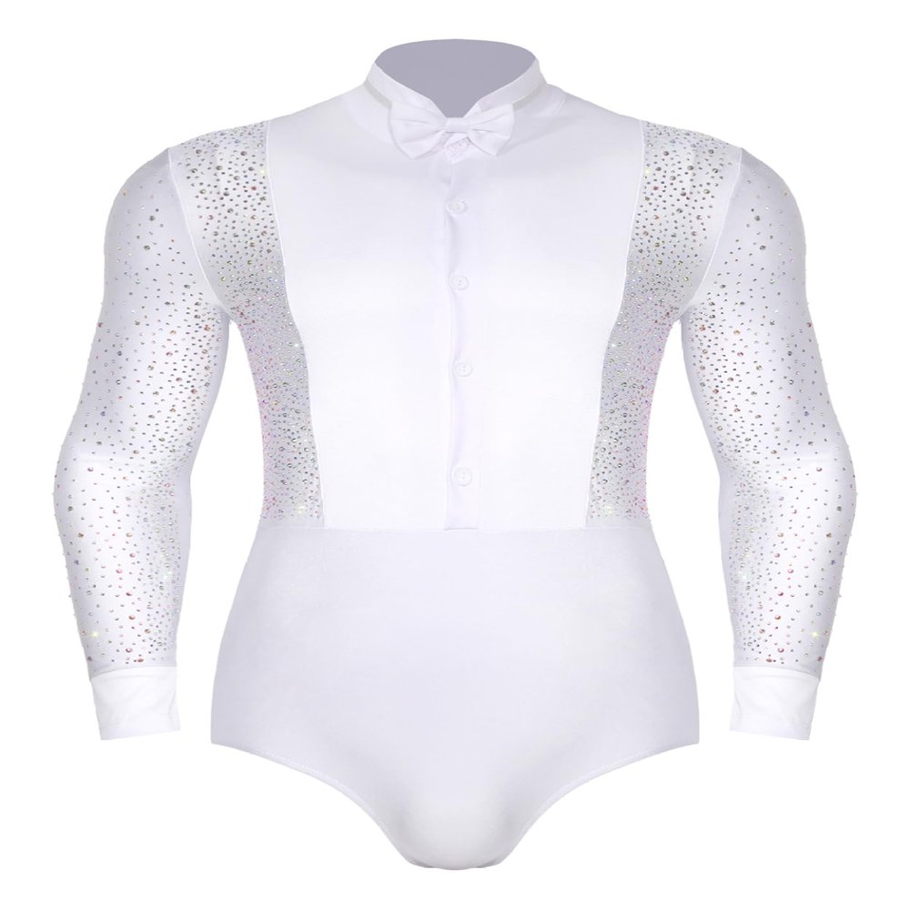 Winnrchan Men's Shiny Latin Ballet Dance Shirt Leotard Long Sleeve Ballroom Samba Salsa Performance Costume White Medium