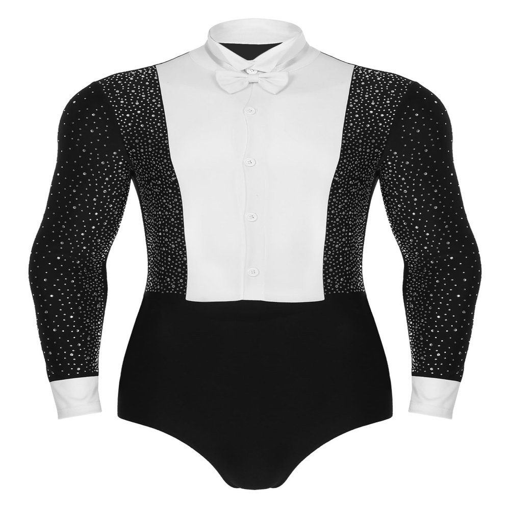 Winnrchan Men's Shiny Latin Ballet Dance Shirt Leotard Long Sleeve Ballroom Samba Salsa Performance Costume Black XX-Large