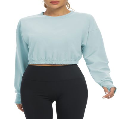 Bestisun Long Sleeve Workout Crop Tops Dance Gym Shirt Yoga Sports Clothes for Women Light Blue S