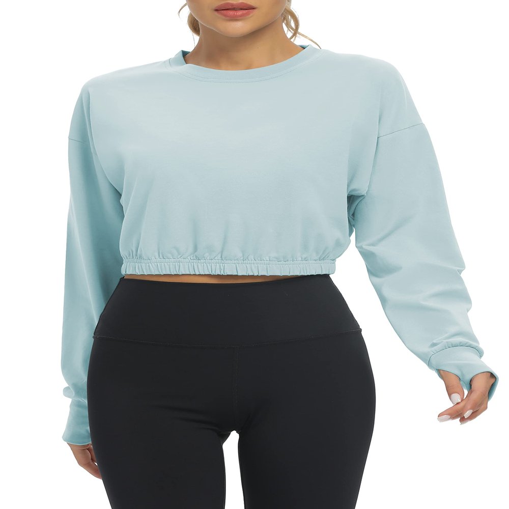 Bestisun Long Sleeve Workout Crop Tops Dance Gym Shirt Yoga Sports Clothes for Women Light Blue S
