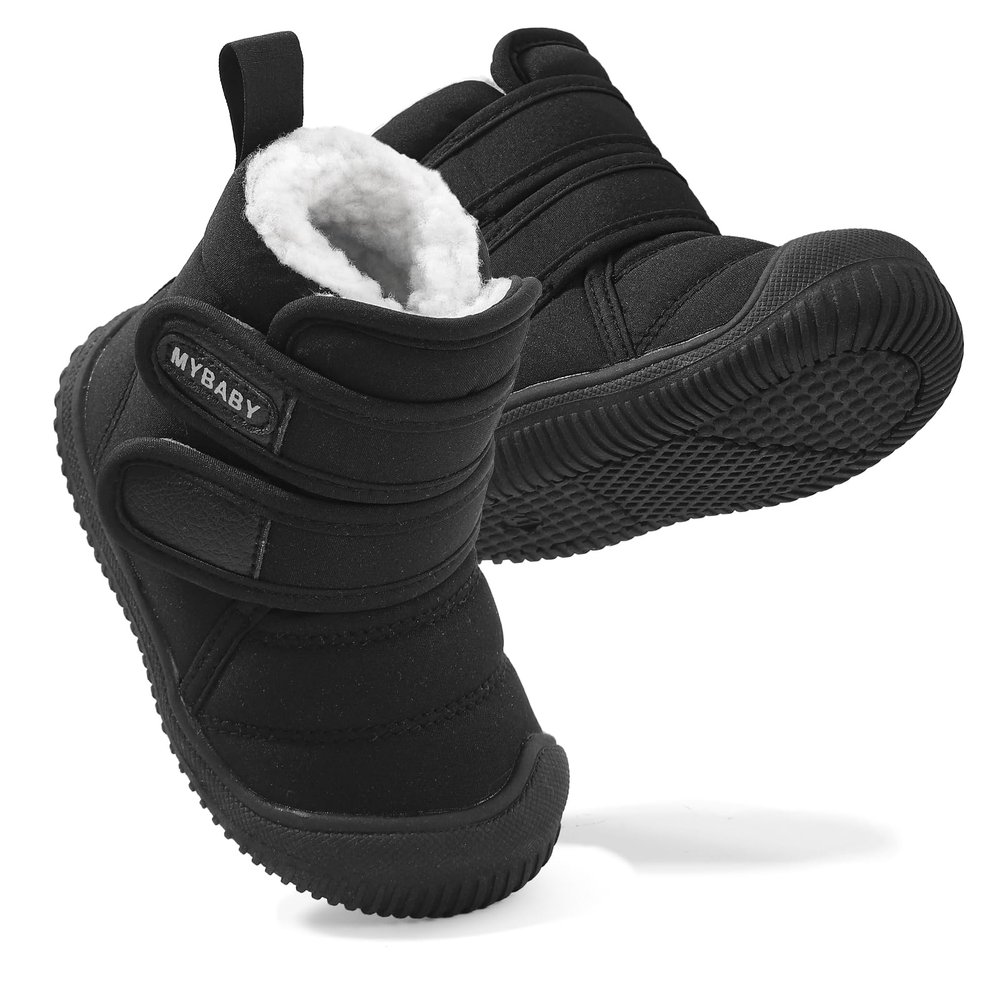 DUONITITI Toddler Snow Boots Double Strap Winter Warm Shoes Baby Faux Fur Lining Soft Fleece Booties with Non-Slip Sole(Black,9 Toddler)