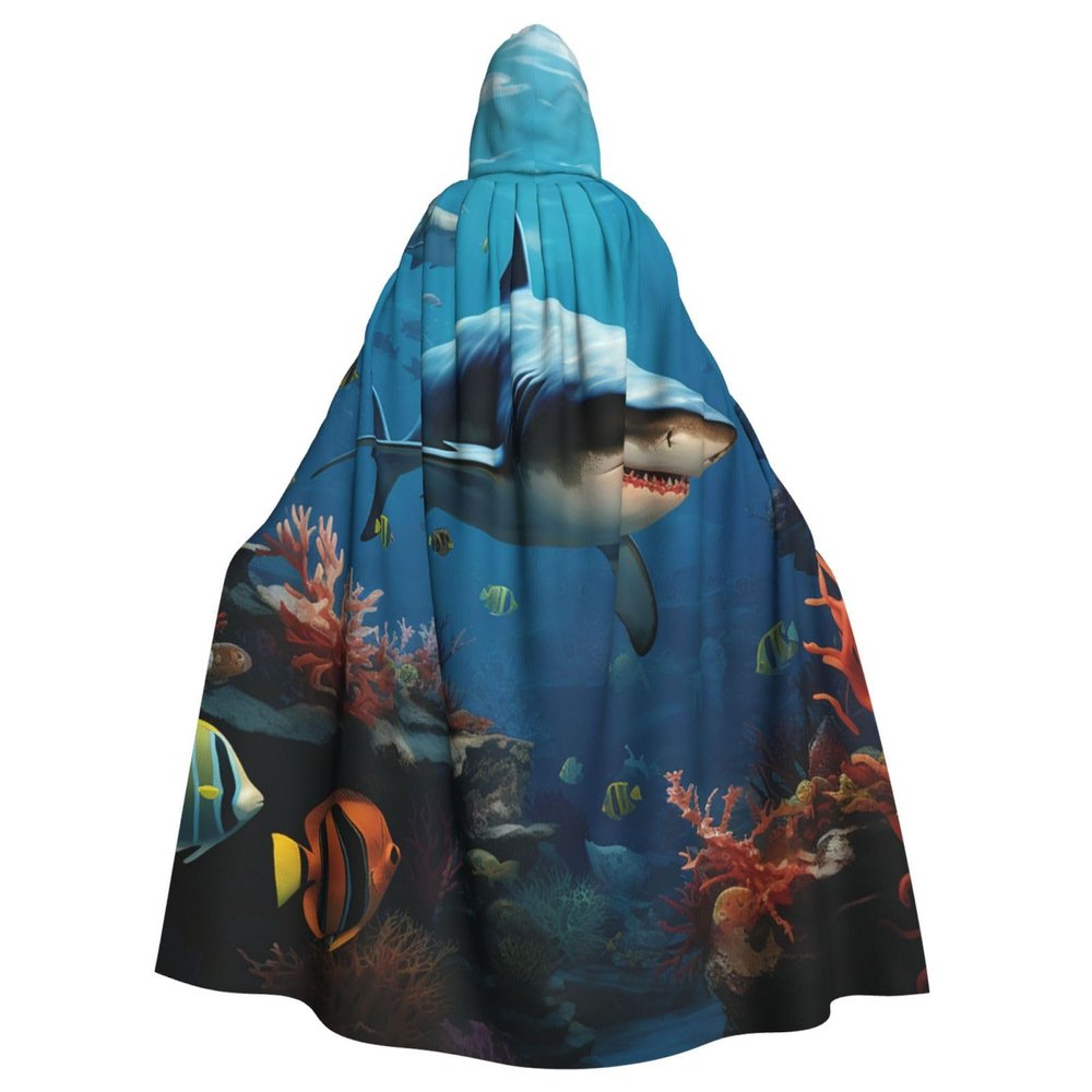 HCBPWVQA Unisex Full Length Halloween Hooded Cloak Fish Sharks Coral Hooded Robe Witch Cape for Halloween Cosplay Costume
