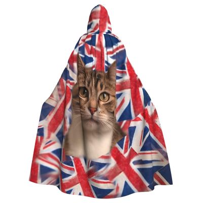 HCBPWVQA Unisex Full Length Halloween Hooded Cloak Cat British Flag Bunting Hooded Robe Witch Cape for Halloween Cosplay Costume
