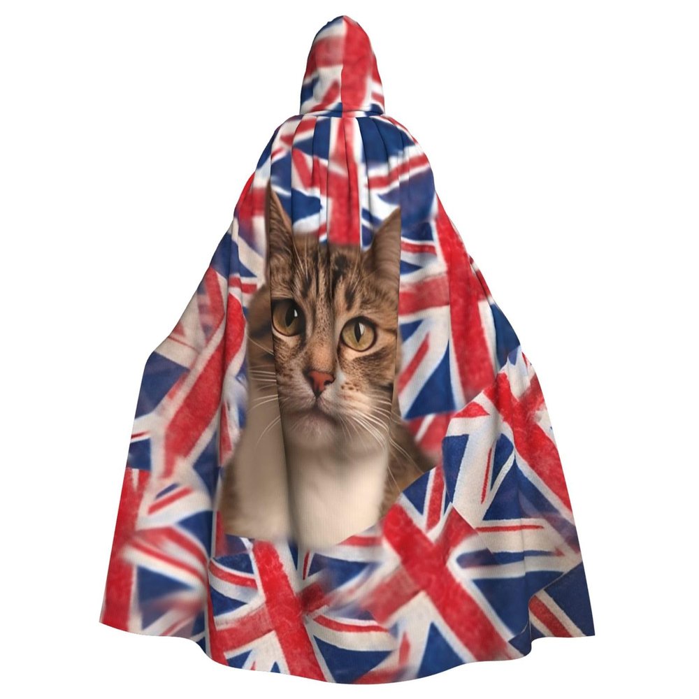 HCBPWVQA Unisex Full Length Halloween Hooded Cloak Cat British Flag Bunting Hooded Robe Witch Cape for Halloween Cosplay Costume
