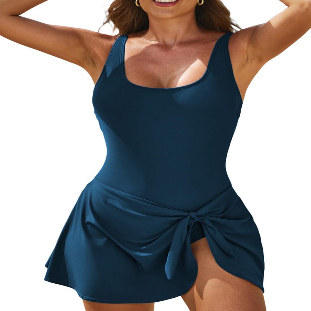 Aleumdr One Piece Swimdress Swimsuits for Women Tummy Control Swim Dresses Skirt Bathing Suit Sail Blue Small