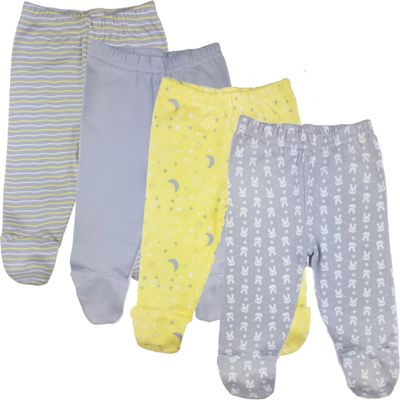 123 Bear 100% Cotton Baby Pants with Footies 100% Cotton Unisex Boys Girls (0-3 Months, 4-Pack LemnGr Pr)