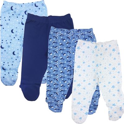 123 Bear 100% Cotton Baby Pants with Footies 100% Cotton Unisex Boys Girls (0-3 Months, 4-Pack Blue Pr)