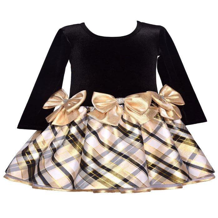 Bonnie Jean Girls 2T-16 Velvet Plaid Taffeta Drop-Waist Hipster Holiday Dress (Gold Bows, 6)