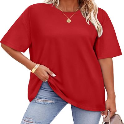 ADOREJOY Oversized Tshirts for Women Crewneck Summer Short Sleeve Loose Graphic Basic Tees, Pure Red, S