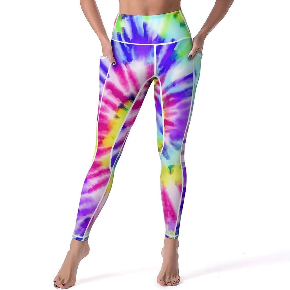 Artsy Rainbow Tie Dye Soft Printed Tummy Leggings for Women Lightweight with Pocket Printed Breathable Yoga Leggings M