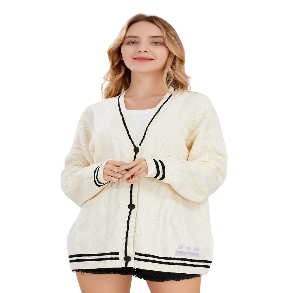 ebossy Women's Stars Embroideried Cable Knit Cardigans Open Front Button Down Sweater Outwear (S, Star/Beige)