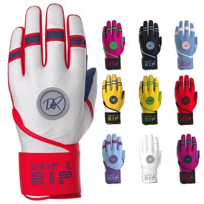 Drip & Rip Baller Series Premium Long Cuff Batting Gloves for Baseball and Softball in Youth and Adult Sizing (Flags, Adult Medium)