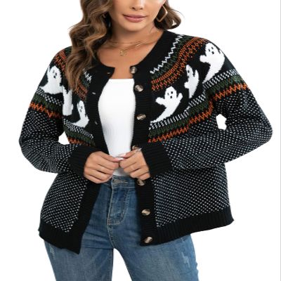 ebossy Women's Mystic Ghost Graphic Ethnic Knit Cardigans Button Down Polka Dot Jacquard Halloween Sweater (2XL, Black)