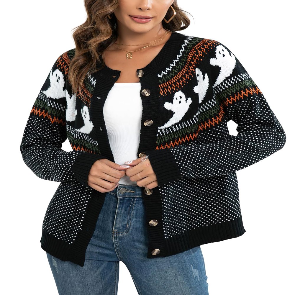 ebossy Women's Mystic Ghost Graphic Ethnic Knit Cardigans Button Down Polka Dot Jacquard Halloween Sweater (2XL, Black)