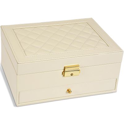 GUOER Jewelry Box for Women Girl Wife - Large PU Leather Jewelry Organizer Storage Case with Two Layers Display for Earrings Bracelets Rings Watches (Apricot)