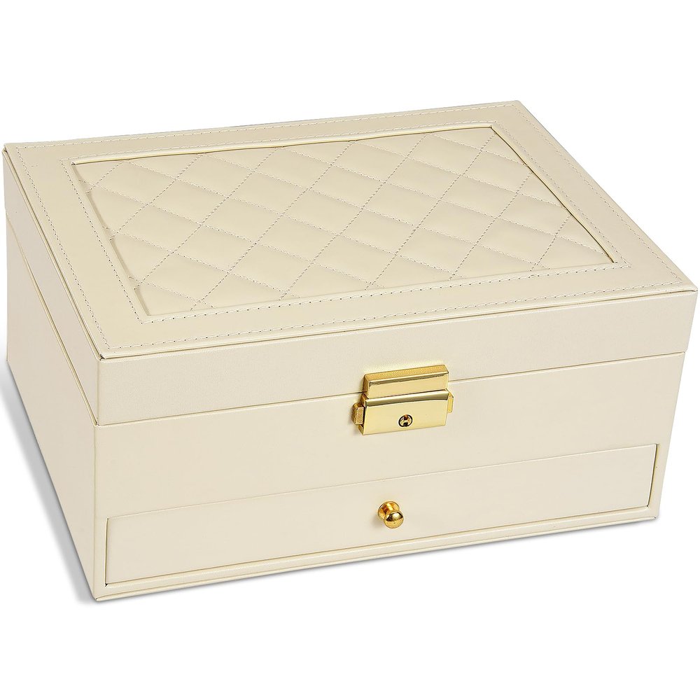 GUOER Jewelry Box for Women Girl Wife - Large PU Leather Jewelry Organizer Storage Case with Two Layers Display for Earrings Bracelets Rings Watches (Apricot)