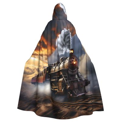 YKJJFVZ Train Clouds Print Rogue Cosplay Adult Halloween Witch Hooded Cloak Cape Unisex Costume For Horror Parties Masquerade