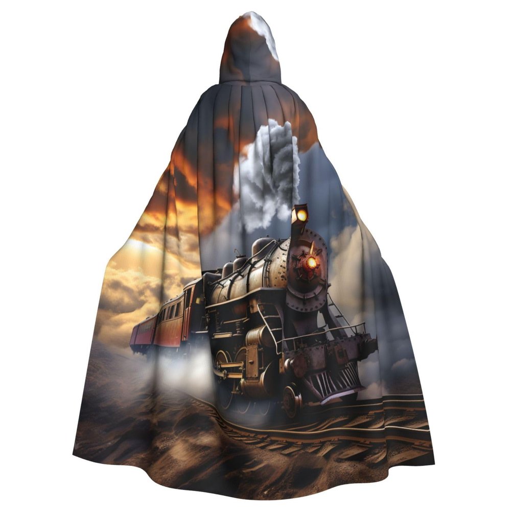 YKJJFVZ Train Clouds Print Rogue Cosplay Adult Halloween Witch Hooded Cloak Cape Unisex Costume For Horror Parties Masquerade