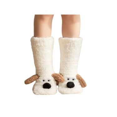 Aoitera Cute Fuzzy Socks with Dog Ears Women Warm Fluffy Socks with Grips Funny Animal Themed Slipper Socks Funny and Cozy (White)