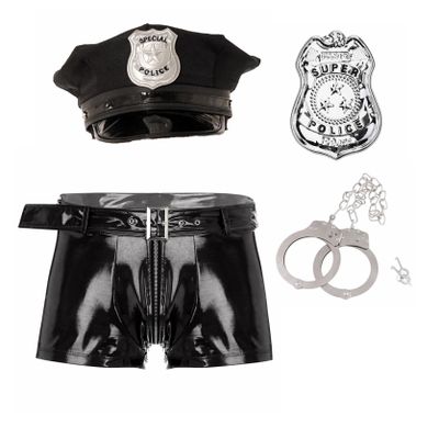 Yihuimin Mens Policeman Cosplay Costume Leather Boxer Shorts Police Officer Outfits for Halloween Black 3X-Large