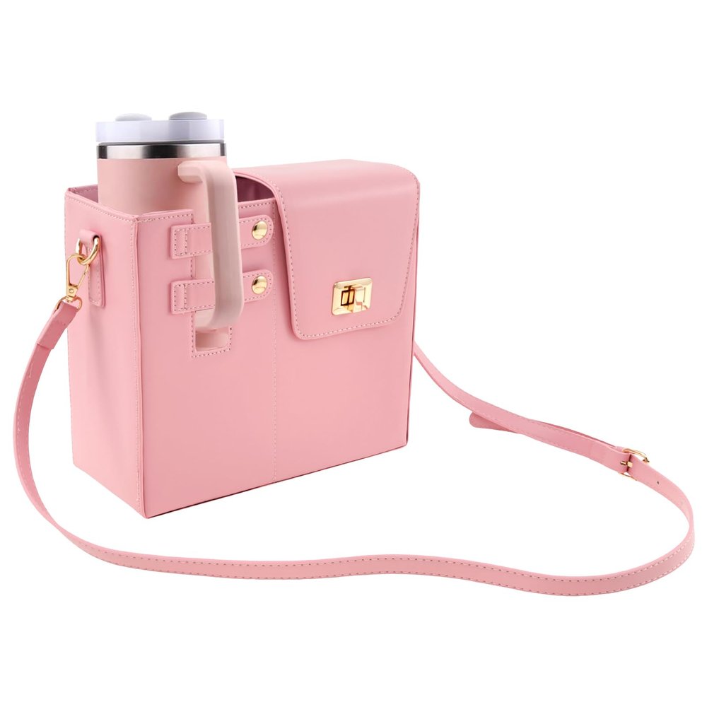 Leather Crossbody Water Cup Storage Bag With Adjustable Shoulder Strap, Insulating Lining Design Crossbody Cup Holder Bag, Crossbody Water Bottle Holder, Water Bottle Crossbody Bag for Outdoor (Pink)