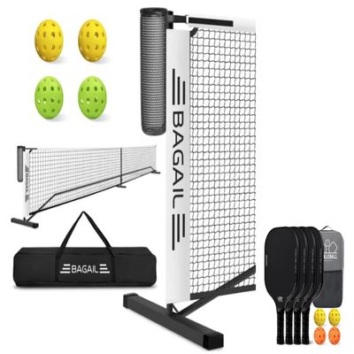 BAGAIL Portable Pickleball Net Set + 4 Pack Pickleball Paddles 22 FT Regulation Size & 11 FT Half Court Size 2-in-1 Pickle Ball Net with Ball Collector