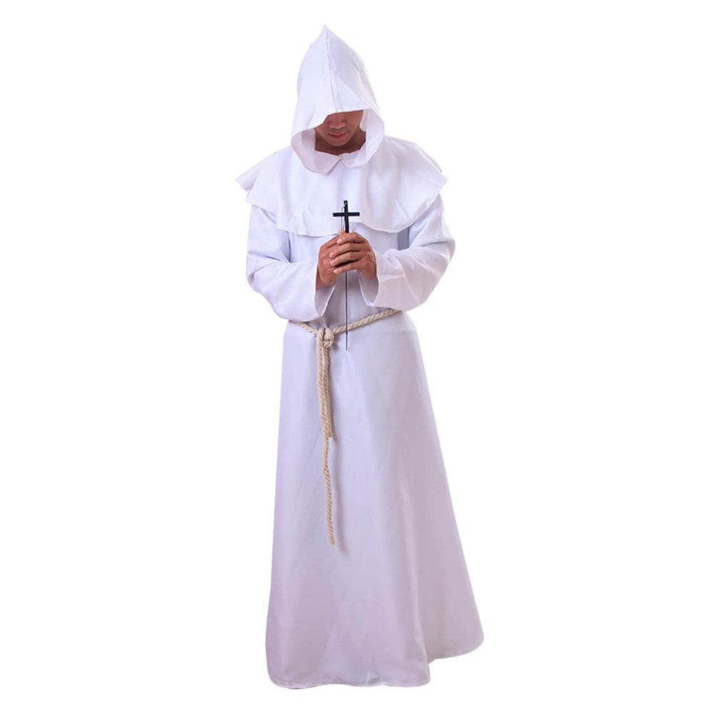 GALPADA Medieval Monk Robe Halloween Cosplay Wizard Hood White Adult Size