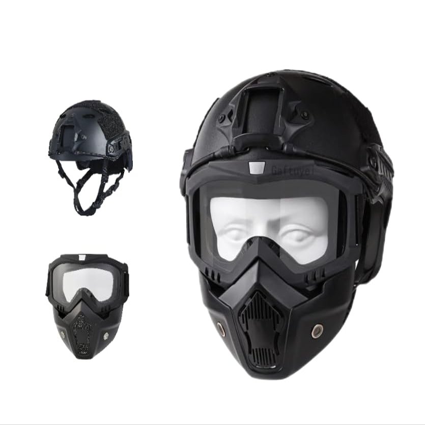 Gaftuyei Adult Unisex Airsoft Helmet with Face Mask, Paintball Helmet, Side Rails, NVG Bracket, Removable Goggles