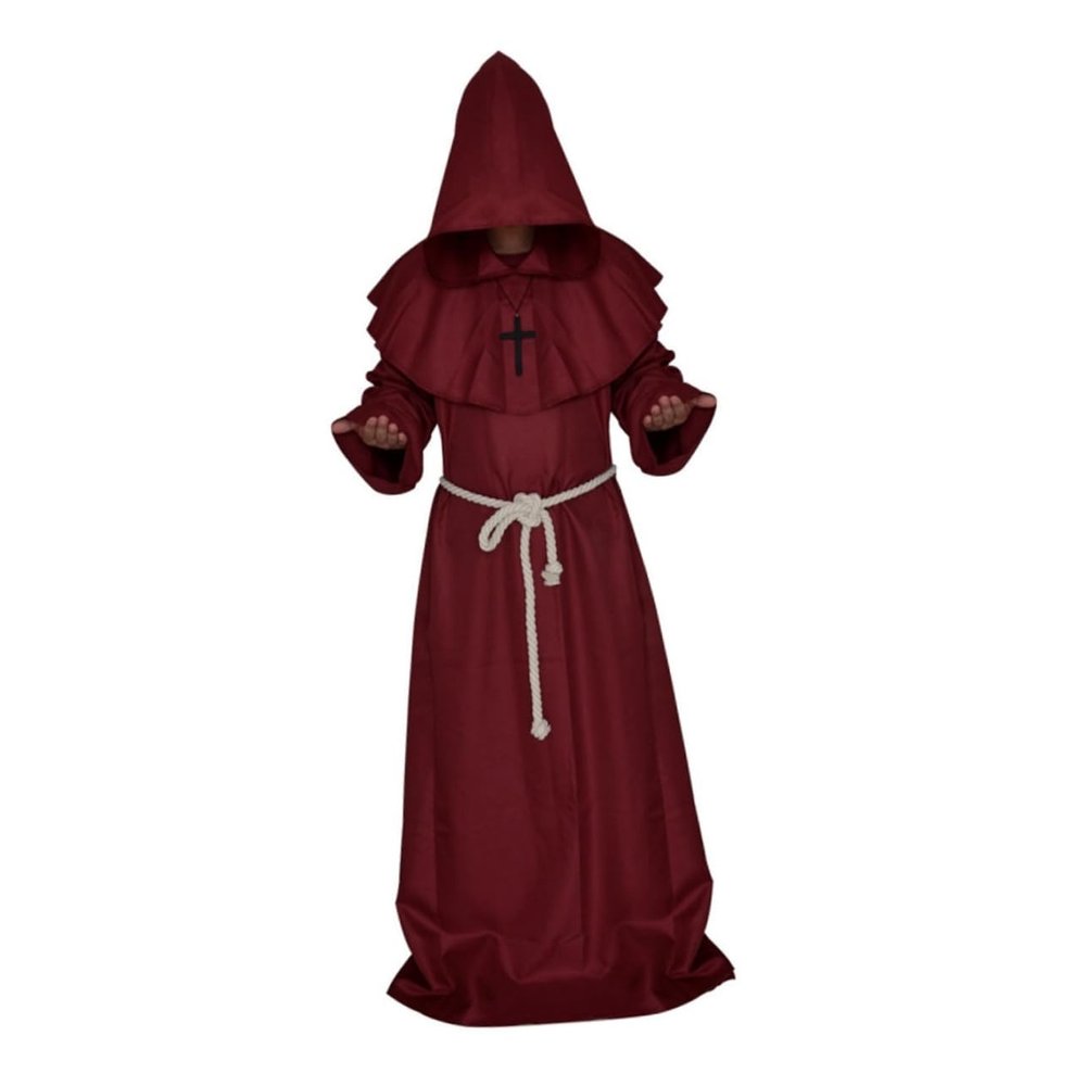 LIFKOME Halloween Cosplay Wizard Robe Hooded Monk Medieval Party Cloak Custom for Halloween Size Dark Red