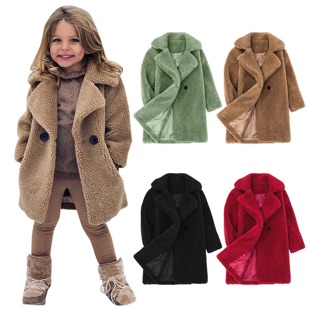 AIMAOMI Toddler Baby Girls Faux Fu Coats Lapel Collar Open Front Teddy Long Trench Coat Winter Fleece Jacket (Red, 3-4 Years)