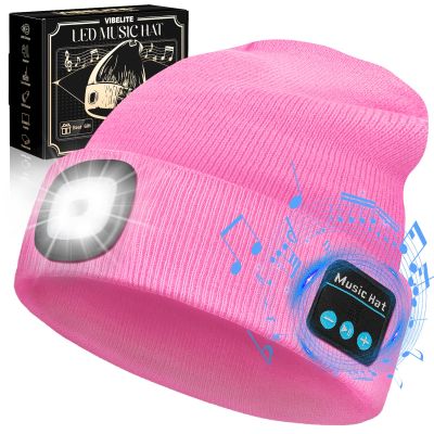 VIBELITE Bluetooth Beanie Hat with Light, USB Rechargeable LED Headlamp with Wireless Headphones, Valentines Day Gifts for Him, Men, Teen Boys, Husband, Women, Boyfriend, Pink