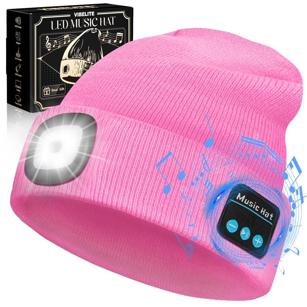 VIBELITE Bluetooth Beanie Hat with Light, USB Rechargeable LED Headlamp with Wireless Headphones, Valentines Day Gifts for Him, Men, Teen Boys, Husband, Women, Boyfriend, Pink