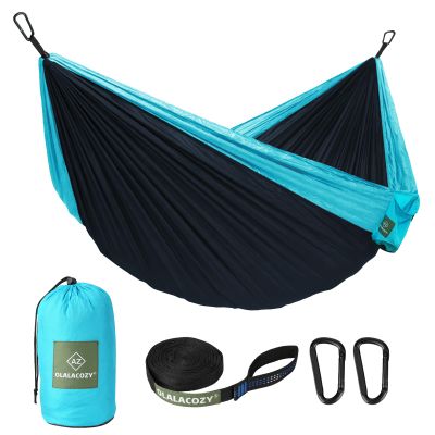 OLALACOZY Camping Hammock,Camping Essentials,Lightweight Portable Double & Single Hammock with Tree Straps, Camping Gear for Outside Hiking Camping Beach Backpack Travel, Blue & Light Black, Large