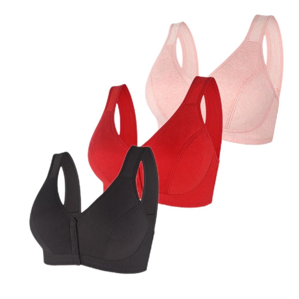 1/3 Pack Front Buckle Underwear for Women, Smooth No Steel Ring Soft Wide Shoulder Strap Bra, Elderly Ladies Comfy Vest