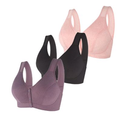 1/3 Pack Front Buckle Underwear for Women, Smooth No Steel Ring Soft Wide Shoulder Strap Bra, Elderly Ladies Comfy Vest