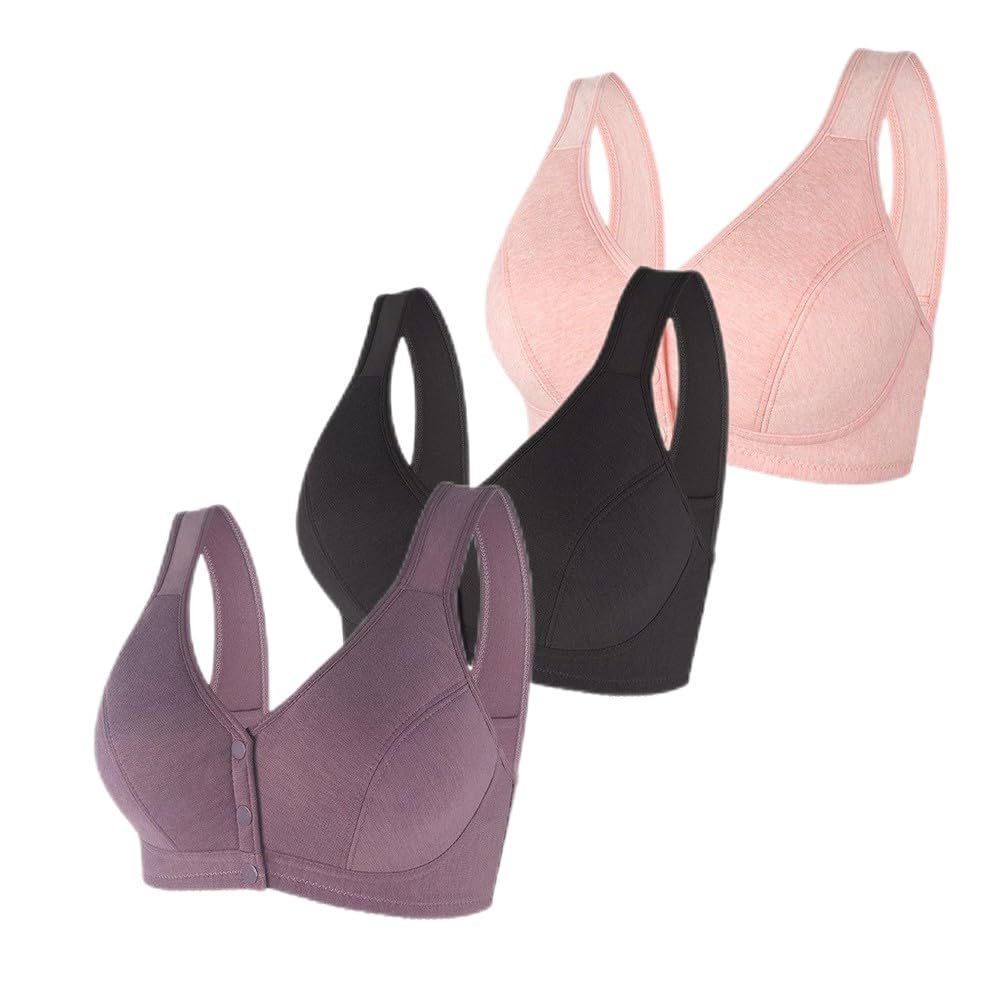 1/3 Pack Front Buckle Underwear for Women, Smooth No Steel Ring Soft Wide Shoulder Strap Bra, Elderly Ladies Comfy Vest