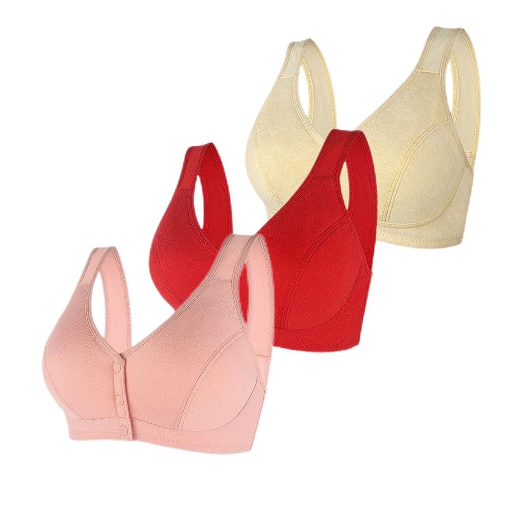 1/3 Pack Front Buckle Underwear for Women, Smooth No Steel Ring Soft Wide Shoulder Strap Bra, Elderly Ladies Comfy Vest