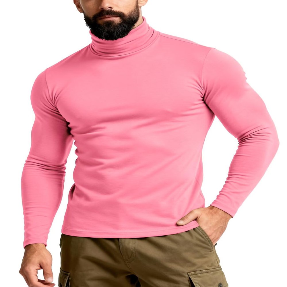 IVOVFANZY Mens Turtleneck Long Sleeve Casual Slim Fit Basic Tops Lightweight Pullover Underwear T-Shirt(Neon Pink, M)