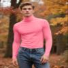 IVOVFANZY Mens Turtleneck Long Sleeve Casual Slim Fit Basic Tops Lightweight Pullover Underwear T-Shirt(Neon Pink, M) view 4